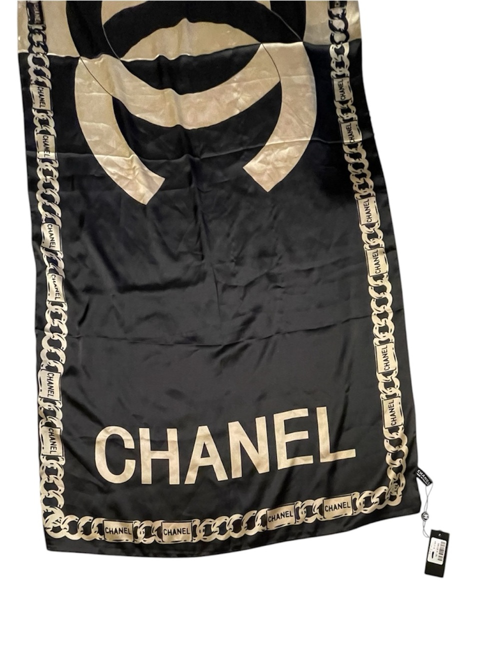 New Authentic CHANEL 100% Silk Scarf Black And Gold Logo With Tag Rare - Picture 3 of 7